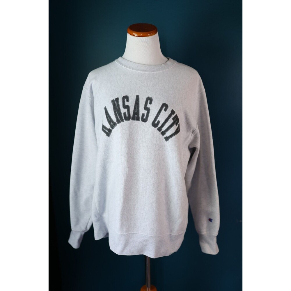 Champion Kansas City Spell Out Adult Sweatshirt Crewneck Pull Over Light Grey M